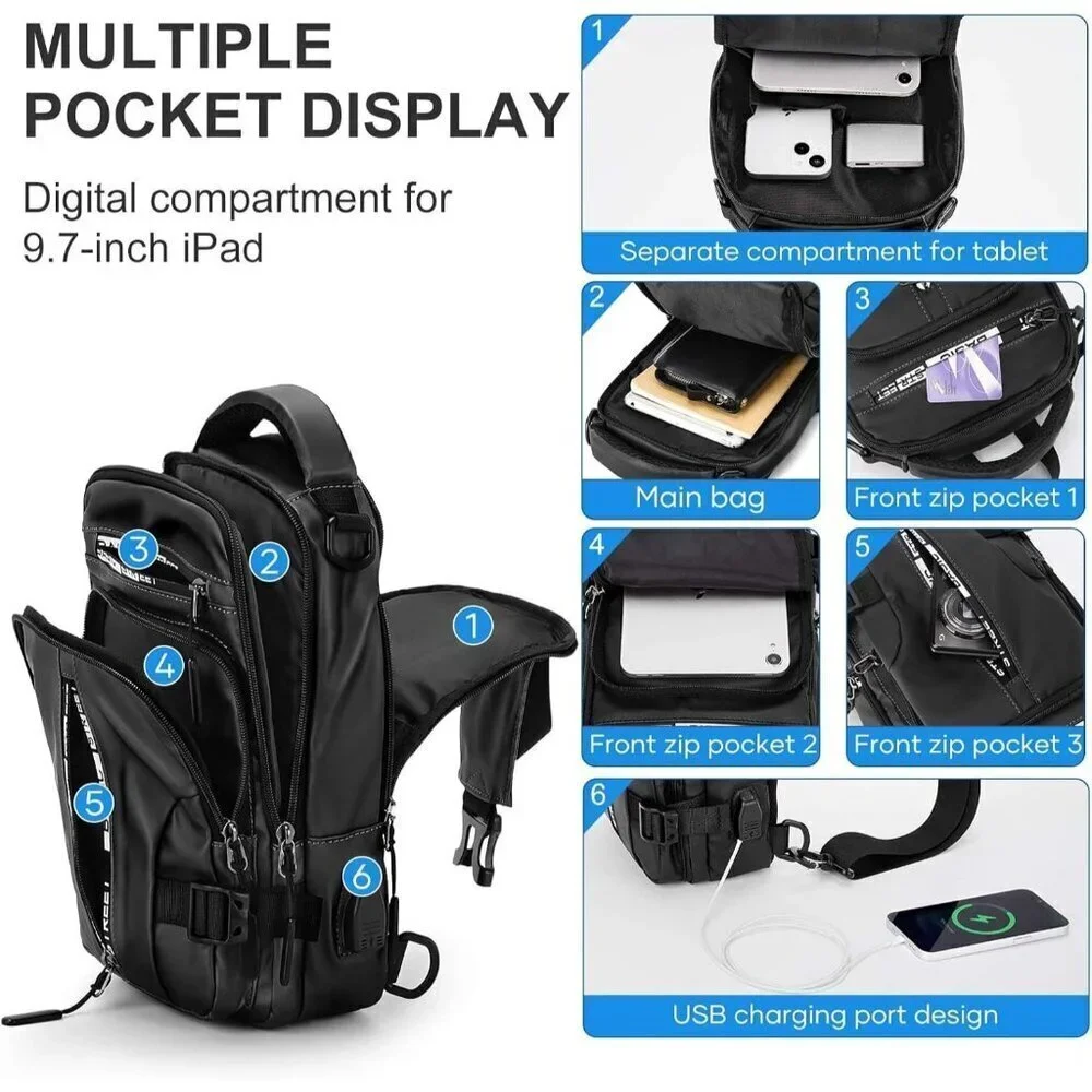 💫 Men Black Motorcycle Chest Bag Tactical Mini Anti-Theft CasualTravel Backpack